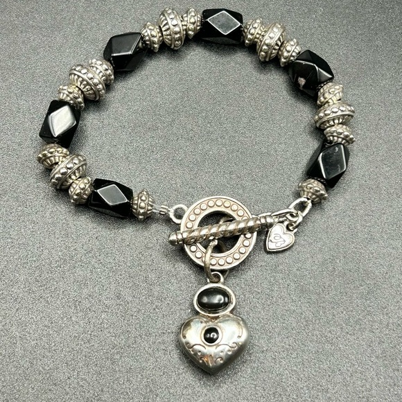Brighton Jewelry - Brighton silver tone and black breaded bracelet #K14 toggle clasp heart charm